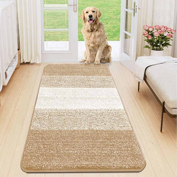 Smiry Dog Door Mat for Muddy Paws, Absorbs Moisture and Dirt, Low-Profile Entryway Mat with Non-Slip Backing, Entry Indoor Outdoor Doormat for Inside Floor (47x20 Inches, Beige, Striped) by Smiry