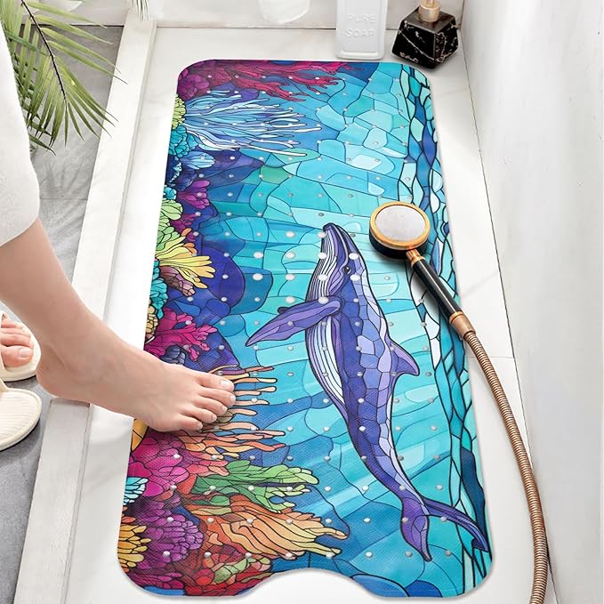 EAN Animals Bathtub Mat Non Slip, Sea Baby Bath Mat for Tub Rubber Tub Mat, Cute Toddler Kids Bath Mats for Bathroom Whale Anti Slip Shower Mat with Suction and Drain Holes Machine Washable, 40″x16″ - Image 2