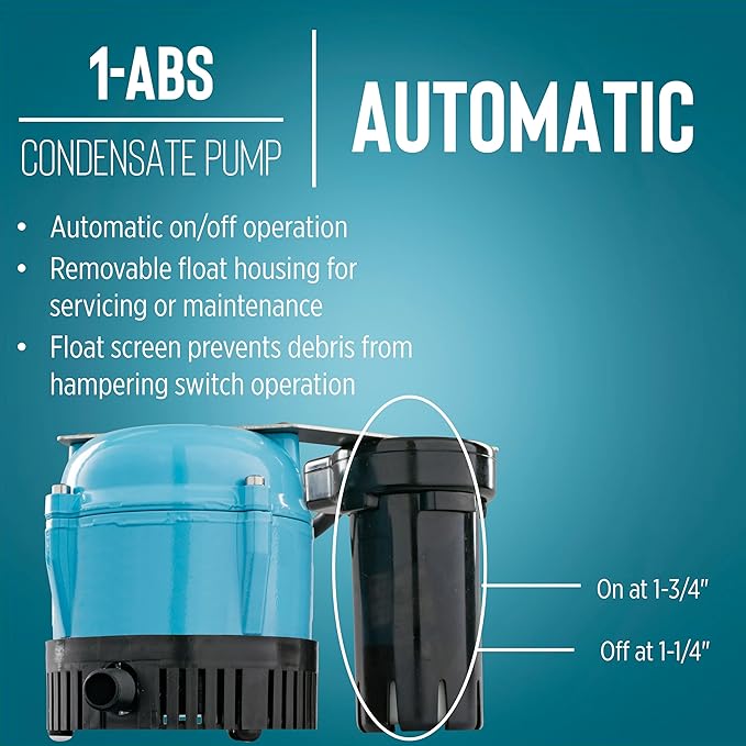 Little Giant 1-ABS 115-volt, 1/150 HP, 205 GPH Automatic Shallow Pan Condensate Removal Pump for Ceiling Mounted Air Conditioners or Dehumidifiers, with Condensate Collection Tank, Black/Blue, 550522 - Image 7