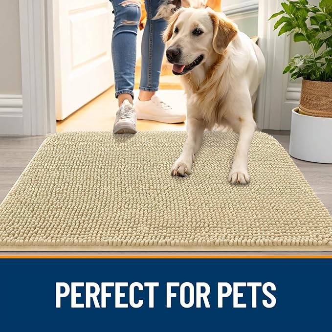 OLANLY Dog Door Mat for Muddy Paws 30x17, Absorbs Moisture and Dirt, Absorbent Non-Slip Washable Doormat, Quick Dry Chenille Mud Mat for Dogs, Entry Indoor Entryway Carpet for Inside Floor, Sand - Image 6