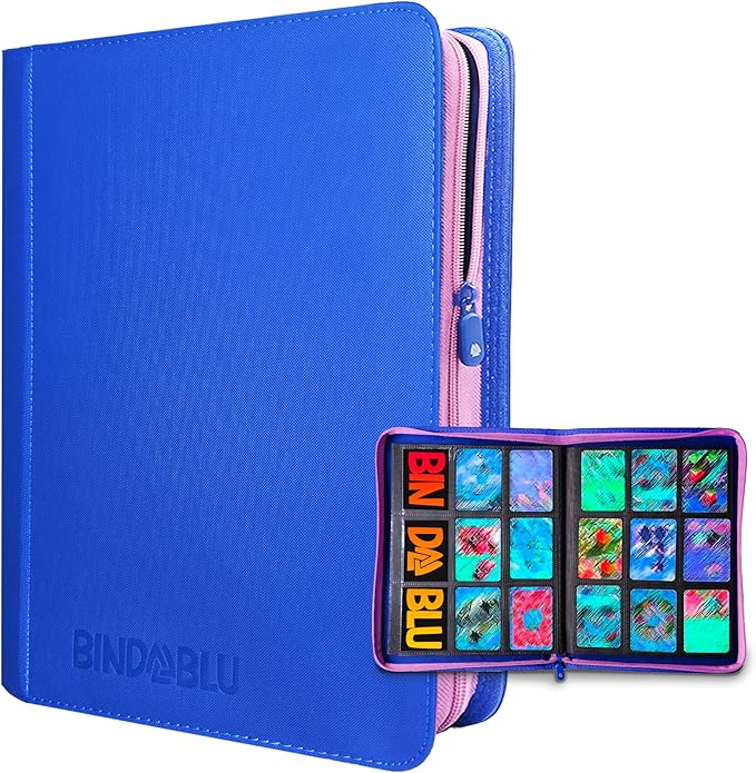 9 Pocket Trading Card Zip Binder - 360 Side Loading Pocket Binder for Colletible Games, Sport, TCG - Trading Card Binder - Gift Card holder for Boys and Girls - Blue card binder by Bindablu