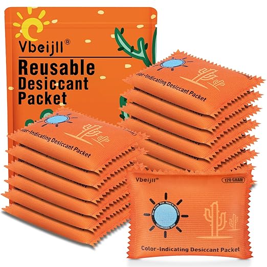 120 Gram (15 Pack) Color-Indicating Desiccant Packs for Storage, Rechargeable Silica Gel Packets, Moisture Absorbers for Gun Safe, 3D Filaments, Cars, Safe, Electronics, Toolboxes by Vbeijll