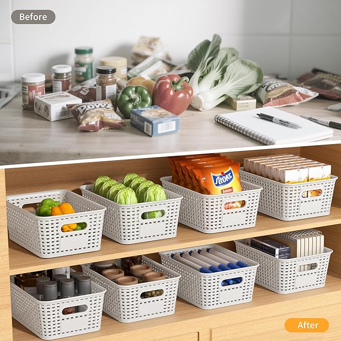 White Plastic Storage Baskets - Pack of 8 with Labels Stackable Durable Storage Bins, Storage Containers for Organizing Desktops, Closets, Playrooms, Classrooms, Offices - Image 4