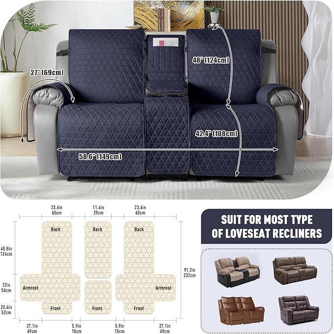 TAOCOCO 100% Waterproof Loveseat Recliner Couch Sofa Covers with Console,Double Reclining Couch Cover Non-Slip Sofa Slipcovers Washable,Furniture Protector Covers for Kids,Pets(2 Seater,Dark Blue) - Image 3