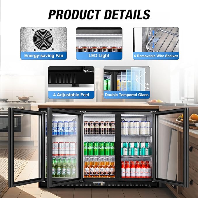 Beverage Refrigerator, 53.15W Inch 12 Cu.Ft Drink Fridge, Back Bar Beer Fridge with 3 Glass Door, 35.43" Height Beverage Cooler, Built-in & Undercounter Commercial Back Bar Cooler for Kitchen Shop Bar - Image 5