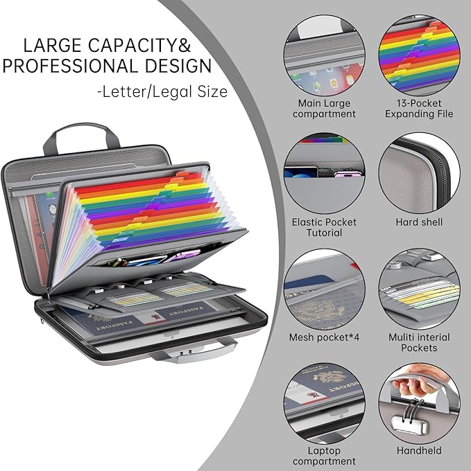 Fireproof File Organizer,Fireproof Document Box with Lock,Large 13 Pocket Expanding File Folder,Hard-Shell Portable Safe Storage for Letter/Legal Document,Laptop,Valuables-Light Gray - Image 4