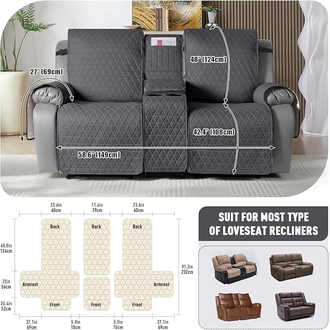 TAOCOCO 100% Waterproof Loveseat Recliner Couch Sofa Covers with Console,Double Reclining Couch Cover Non-Slip Sofa Slipcovers Washable,Furniture Protector Covers for Kids,Pets(2 Seater,Black Gray) - Image 2