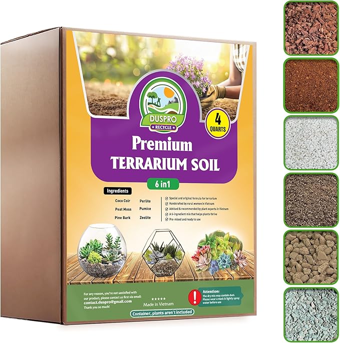 DUSPRO Recycle Premium 6in1 Terrarium Soil Mix – Pre-Mixed Terrarium Substrate Mix for Terrariums, Balanced Moisture Growing Medium with Coco Coir, Peat Moss, Pine Bark, Perlite, Pumice & Zeolite 4QRT by DUSPRO