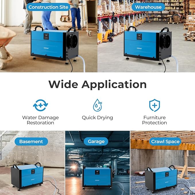 COSTWAY 155 PPD Commercial Dehumidifier, 1900 Sq.Ft Crawl Space Dehumidifier with 9.8 FT Drain Hose & Wired Remote Control Panel, Ideal for Basement, Warehouse (Blue) - Image 7