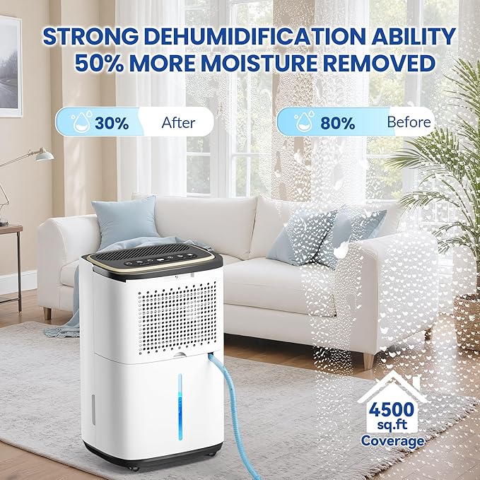 5000 Sq.Ft Dehumidifier for Basement with Drain Hose, 52 Pint Large Best Compressor Dehumidifiers for Home or Garage, Smart Humidity Control, 24H Timer & Child Lock, Ideal for Large Rooms, Garage - Image 2