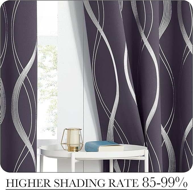 NICETOWN Blackout Curtains Panels for Living Room, Greyish Purple, 52" Wide x 84" Long, 2 Panels, Sound Reducing Thermal Insulated Wave Line Foil Print Design Curtains for Patio Sliding Glass Door - Image 4
