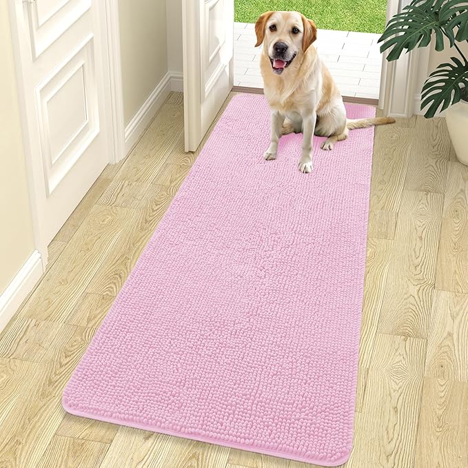 OLANLY Dog Door Mat for Muddy Paws 70x24, Absorbs Moisture and Dirt, Absorbent Non-Slip Washable Doormat, Quick Dry Chenille Mud Mat for Dogs, Entry Indoor Entryway Carpet for Inside Floor, Pink by OLANLY
