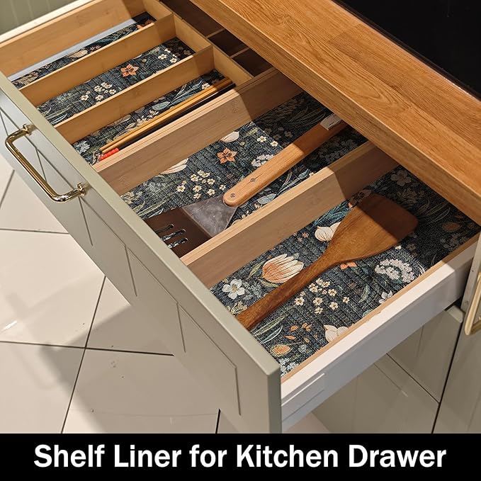 Vintage Floral Drawer Liner, Non-Adhesive and Strong Non-Slip Floral Shelf Cabinet Drawer Liners for Kitchen, Waterproof Cupboard Liners,Easy to Clean,12IN x 10FT,Dark Green - Image 3