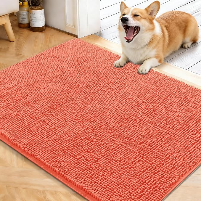 OLANLY Dog Door Mat for Muddy Paws 40x32, Absorbs Moisture and Dirt, Absorbent Non-Slip Washable Doormat, Quick Dry Chenille Mud Mat for Dogs, Entry Indoor Entryway Carpet for Inside Floor, Coral by OLANLY