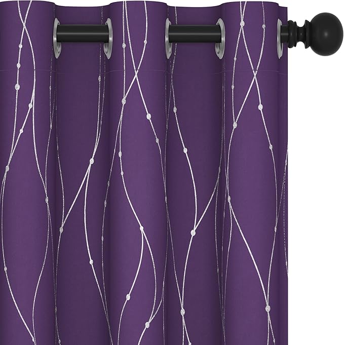 Deconovo Short Purple Curtains, Blackout Drapes with Wave Line Silver Print, 38 x 45 Inches Long, Thermal Insulated Panel, Grommet Top, Machine Washable, Set of 2 Panels for Kitchen Nursery Bedroom by Deconovo