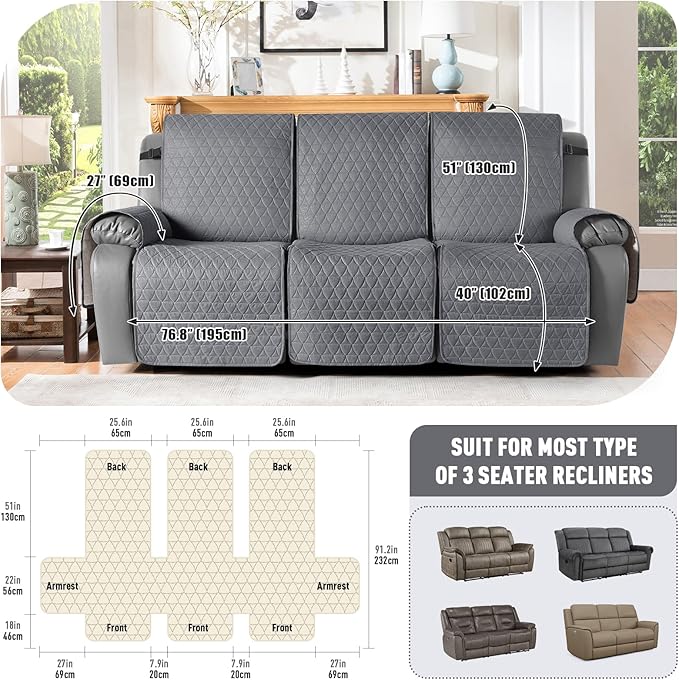 TAOCOCO 100% Waterproof Recliner Cover, Non-Slip Washable Reclining Couch Cover with Elastic Leg Straps, Furniture Protector for Dogs (Gray,3 Seater) - Image 2