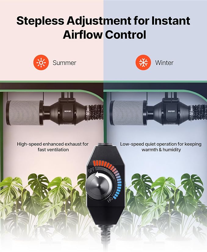 VEVOR 4" Air Filtration Kit, 180 CFM Inline Duct Fan with Speed Controller, Carbon Filter & Ducting Ventilation System for Heating Cooling Booster, Grow Tents, Hydroponics - Image 5