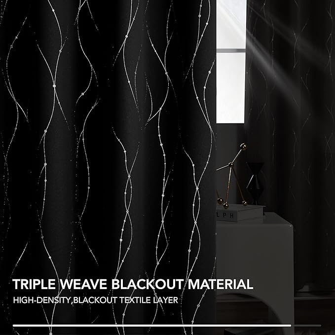 Deconovo Blackout Curtains for Bedroom, 72 Inch Length - Room Darkening Curtains, Window Grommet Curtains, Wave Line and Dots Pattern (W38 X L72, Black, Set of 2) - Image 3