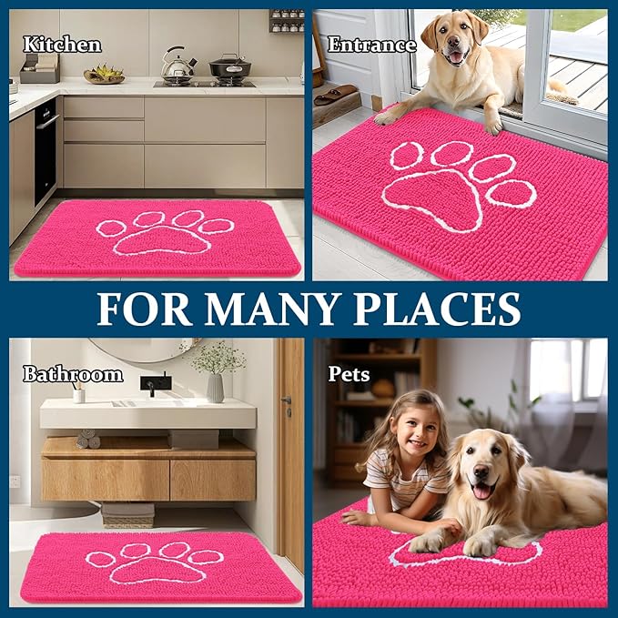 OLANLY Dog Door Mat for Muddy Paws 30x20, Paw Print Design, Absorbs Moisture and Dirt, Absorbent Non-Slip Washable Doormat, Quick Dry Chenille Mud Mat for Dogs, Entry Indoor Entryway Carpet, Hot Pink - Image 8