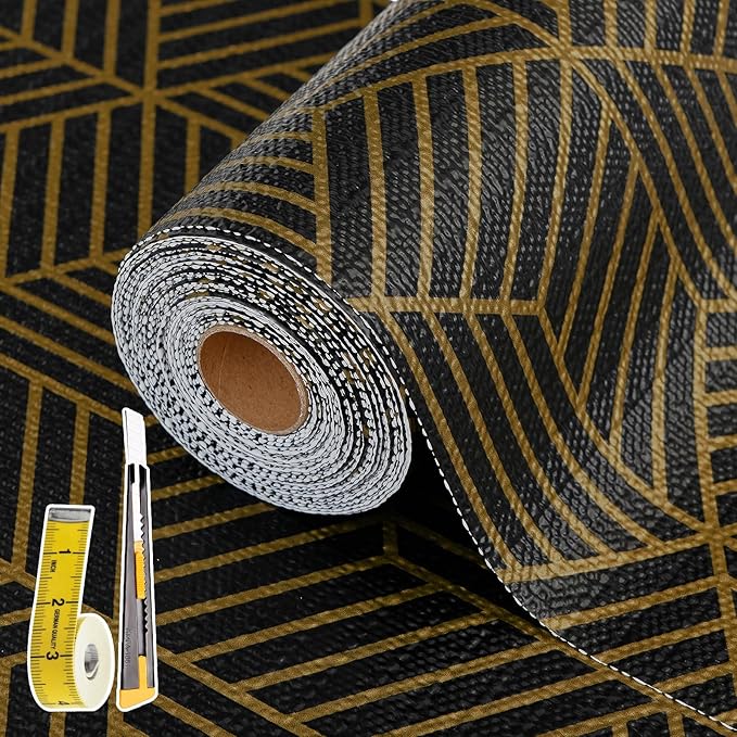 Shelf Liners for Kitchen Cabinets 17in x 20FT, Non Adhesive Cabinet Liner Strong Non-Slip Black Gold Geometric Drawer Liner, Easy to Clean for Shelf, Cabinet with Knife and Tape Measure by Kimhan