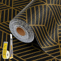 Shelf Liners for Kitchen Cabinets 12in x 20FT, Non Adhesive Cabinet Liner Strong Non-Slip Black Gold Geometric Drawer Liner, Easy to Clean for Shelf, Cabinet with Knife and Tape Measure by Kimhan