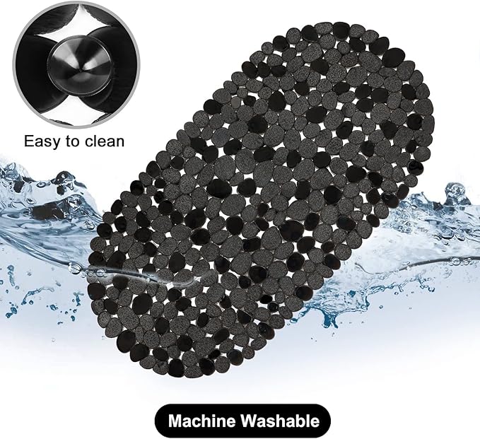 WELTRXE Pebbles Bath Mat for Tub Black Non-Slip Bathtub Mat with Suction Cups, Drain Holes for Bathroom Showers, Tub, Machine Washable, BPA, Latex Free Oval Shower Mats Bath Tub mat, 27 x 14 Inch - Image 5