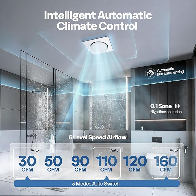 VIVOHOME Autoflow Bathroom Exhaust Fan with Light & Humidity Sensor (30-110-160CFM) - 2700K/4000K/5700K & EC Motor, Retrofit Ceiling Mount Bath Fan, No Attic Access Needed (Install Kit, 4-in Duct) - Image 5