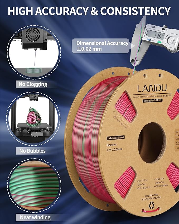 LANDU Silk Dual Color PLA Filament 1.75mm 1KG, 3D Printer Filament Dimensional Accuracy +/- 0.02mm, Coextrusion Filament PLA Shiny Filament Fits for Most FFF 3D Printers,1KG Spool (2.2lbs) Red Green - Image 5