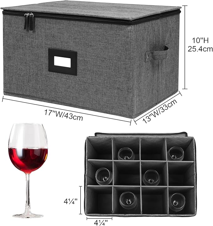 Mayniu Wine Glass Storage Box 2 Pack, Stemware Storage Containers Cases, Glassware Storage for 24 Crystal Glasses, Hard Shell Top Sides Bottom and Stackable (17'' x 13'' x 10'', Black) - Image 4