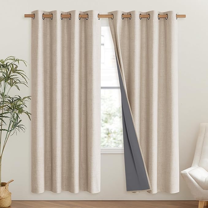 NICETOWN Cream Bedroom Full Blackout Linen Curtain Panels Set of 2, 52" by 72", Thick Insulated Classic Grommet Blackout Draperies with White Thermal Insulated Liner for Windows - Image 2