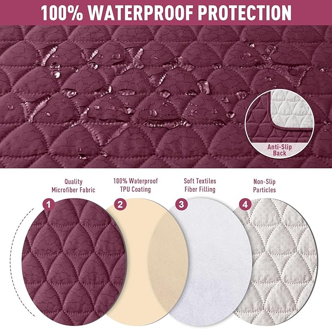TAOCOCO 100% Waterproof Recliner Cover, Non-Slip Washable Reclining Couch Cover with Elastic Leg Straps, Furniture Protector for Dogs (Wine, 3 Seater) - Image 4