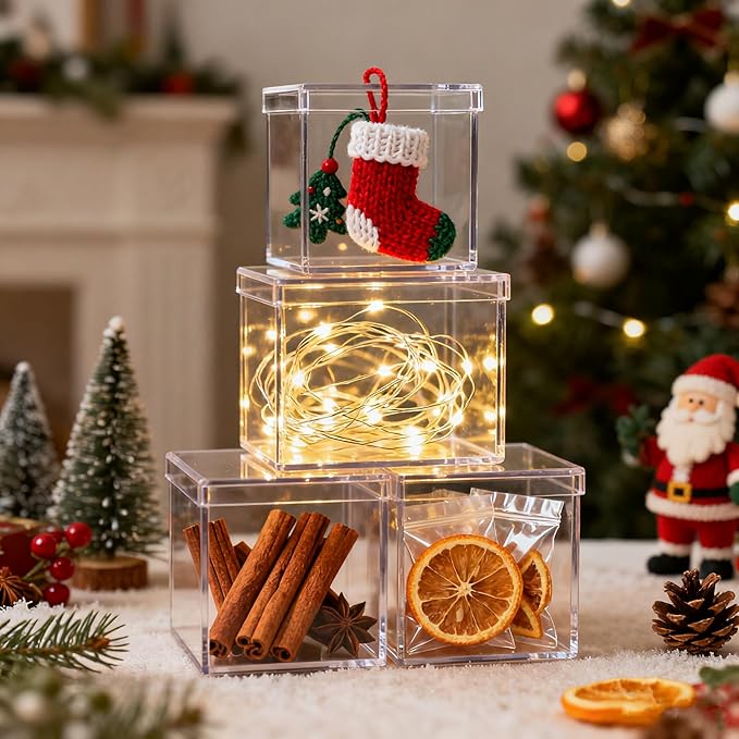 Acrylic Box Clear Boxes with Lids 4 Pieces Acrylic Display Cube Graduation Party Favors Candy Box Plastic Square Cube Wedding Valentine's Day Birthday Gift Wrap Box 3.4 * 3.4 * 3.4Inch - Image 6