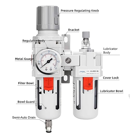 NANPU 3/4" NPT Compressed Air Filter Regulator Lubricator Combo (FRL) Water/Oil Trap Separator - Gauge(0-150 psi), 5 Micron Brass Element,Poly Bowl, Semi-Auto Drain, Metal Bracket - Image 2