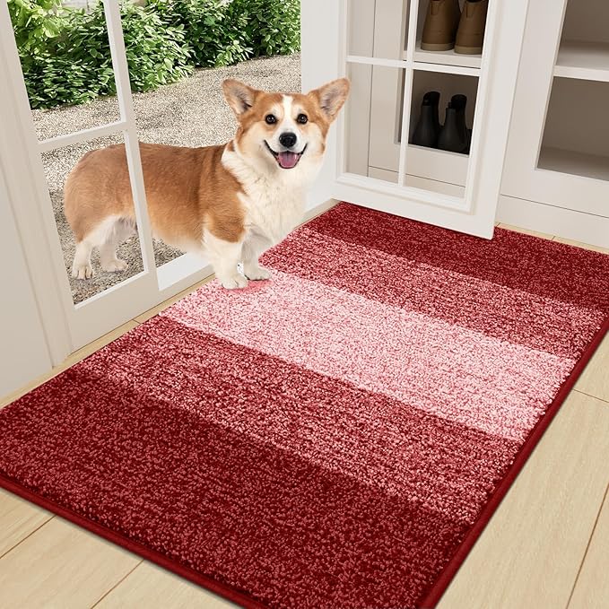 Smiry Dog Door Mat for Muddy Paws, Absorbs Moisture and Dirt, Low-Profile Entryway Mat with Non-Slip Backing, Entry Indoor Outdoor Doormat for Inside Floor (36x24 Inches, Burgundy, Striped) by Smiry