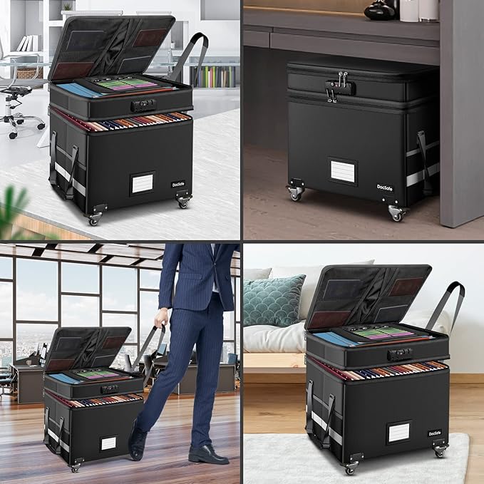 DocSafe Fireproof Document Box with Lock,2-Layer File Box with Wheels,Collapsible File Storage Organizer with Pockets,Large Portable Home Filing Cabinet for Hanging Folders,Black,16''x13.8''x12.2'' - Image 3
