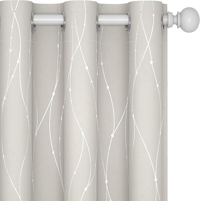 Deconovo Room Darkening Curtains, Light Beige Curtain, Thermal Insulated Noise Reducing Drapes, Silver Wave Dots Print, 42 x 54 Inch Long, Machine Washable Window Panels for Kitchen Nursery, Set of 2 by Deconovo