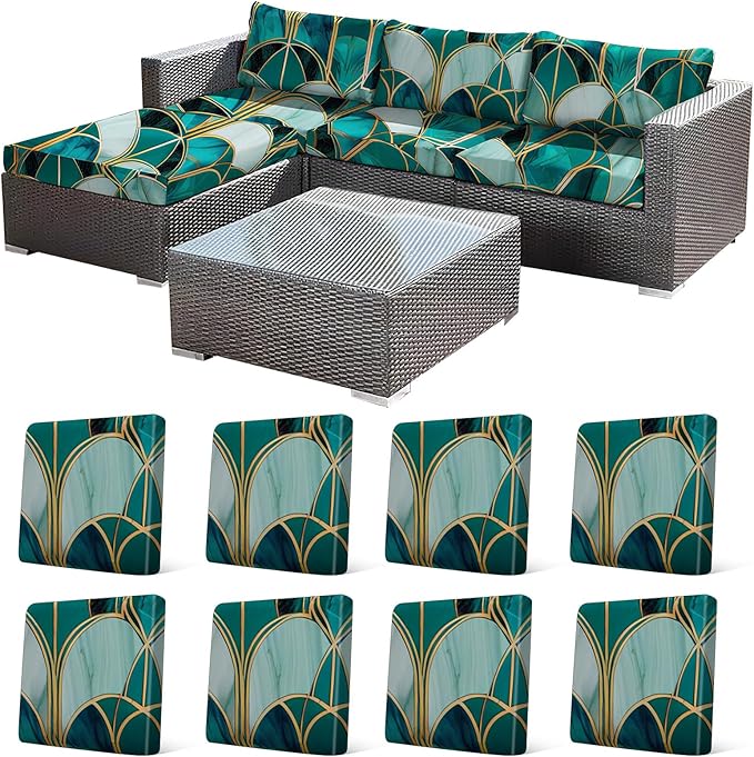 8Pcs Stretch Patio Cushion Cover, Art Deco Geometric Pattern Couch & Sofa Slipcovers for Patio Furniture Cushions Washable Reusable Couch Covers Replacement for All Season(Green, Cover Only) by CALBODE