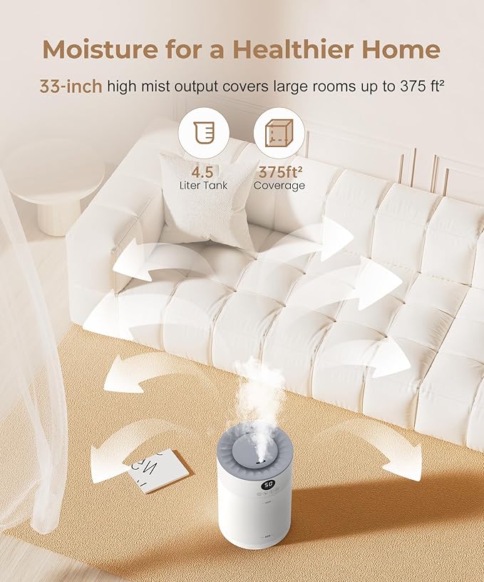 Abolee Humidifiers for Plants 4.5L Cool Mist with Essential Oil Diffuser, Humidifier Large Room, 24dB Quiet Air Humificador fit Baby Nursery & Bedroom, 360° Adjustable, Easy Fill & Cleaning (White) - Image 7