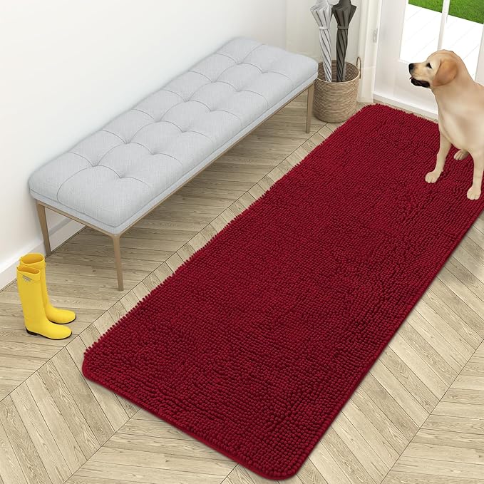 OLANLY Dog Door Mat for Muddy Paws 59x24, Absorbs Moisture and Dirt, Absorbent Non-Slip Washable Doormat, Quick Dry Chenille Mud Mat for Dogs, Entry Indoor Entryway Carpet for Inside Floor, Red by OLANLY