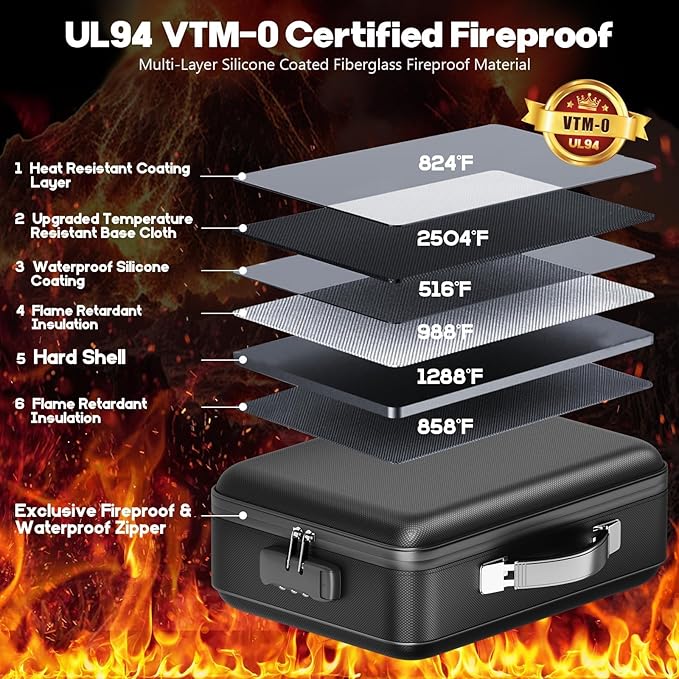 Fireproof Document Box, Hard Case Highly Flame-Resistant Fire Proof Waterproof File Organizer with Lock, Portable Fire Safe for Important Documents & Valuables Storage (Black, ‎15"*11"*5") - Image 3