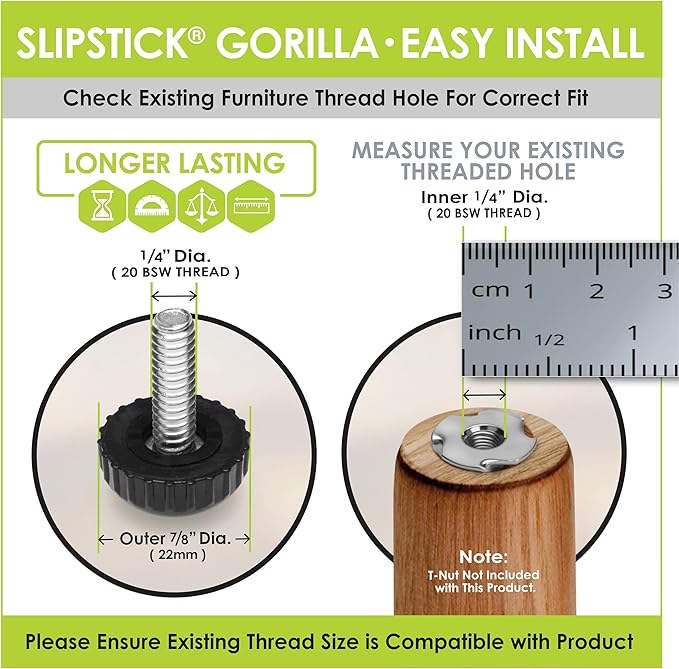 Slipstick Gorilla Outdoor Adjustable Furniture Levelers (8 Pack) Weatherproof Screw in Leg Glides for Chairs, Tables, and Outdoor Furniture Feet, 7/8 Inch Nylon Spherical Glide, 1/4"-20 BSW Thread - Image 4