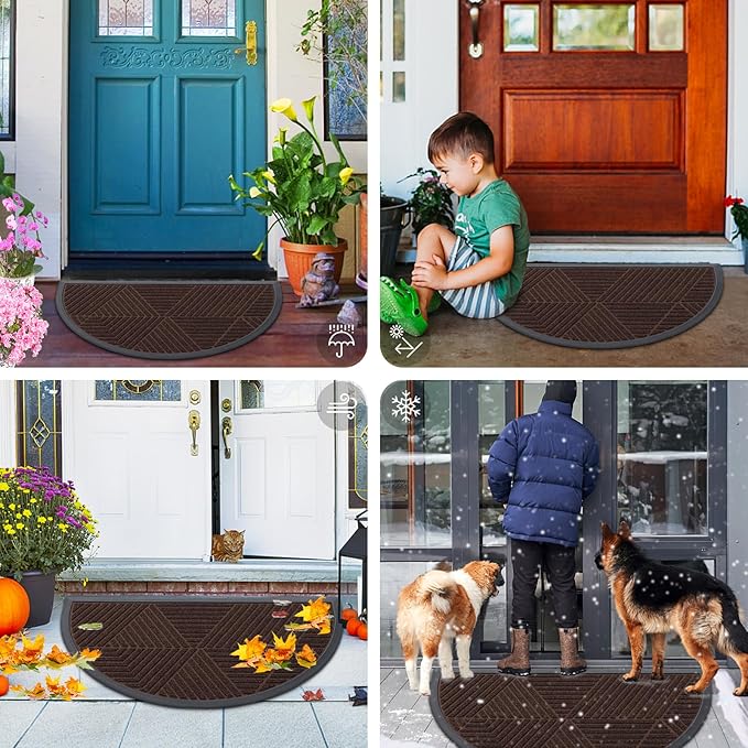 Smiry Half Circle Front Door Mat Outside Entrance, Heavy Duty Sturdy Natural Rubber Doormat, Trap Dirt and Moisture, Low Profile Mats for Indoor Outdoor Entry, Irregular Triangle (29.5x17, Dark Brown) - Image 7