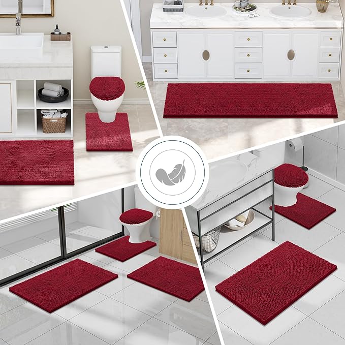 Smiry Luxury Chenille Bathroom Rugs 47x24, Extra Soft and Absorbent Shaggy Bath Mat, Machine Washable, Non-Slip Plush Carpet Runner for Tub, Shower, and Floor, Home Decor Accessories, Red - Image 7