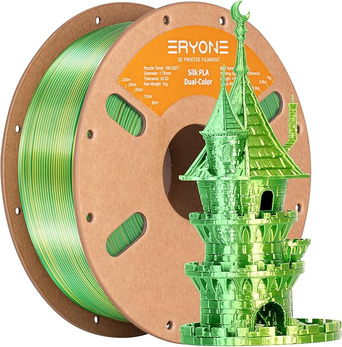 ERYONE Silk Dual Color PLA Filament 3D Printer 1.75mm +/- 0.03mm, Bicolor Two Tone PLA 1KG(2.2lbs) Cardboard Spool, Yellow Green by ERYONE