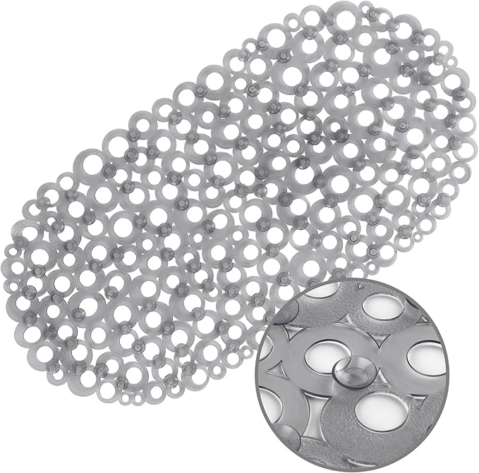 WELTRXE Oval Bathtub Mat Non Slip, Grey Bubbles Bath Mats for Tub, Shower Mat with Drain Holes, Suction Cups, Machine Washable Bath Tub Mat, BPA, Latex, Phthalate Free for Bathroom, 27 x 14 Inch by WELTRXE