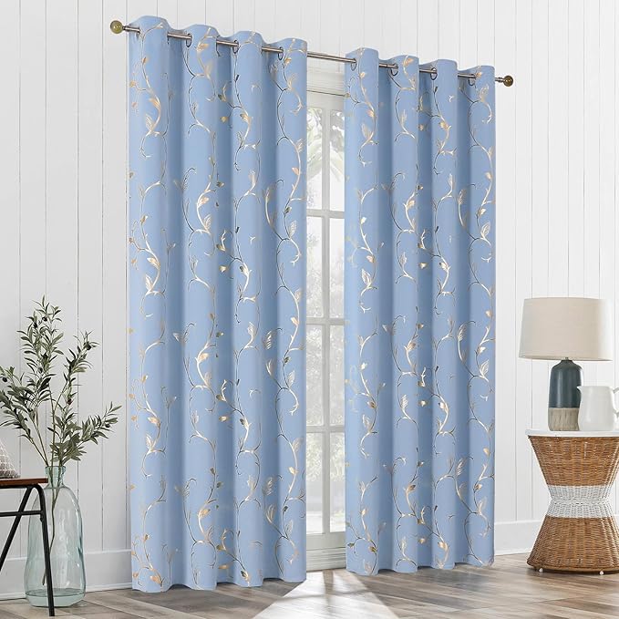 BUHUA Blackout Curtains Gold Foil Print Flower Vine Grommet Drapes, Room Darkening Thermal Insulated Curtains, Noise Reducing Blackout Curtain for Bedroom, Blue, 52Wx84L, 2 Panels - Image 2