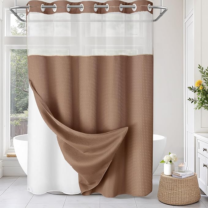 No Hook Shower Curtain and Liner Set,Mocha Brown Hotel Waffle Shower Curtain with Liner 75" L x 72" W by Unknown