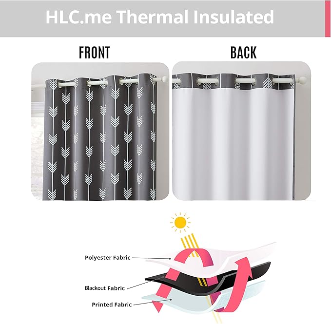 HLC.ME Arrow Printed Blackout Room Darkening Thermal Grommet Window Curtain Drape Panels for Kids Room - Set of 2 - Grey - 63" inch Long - Image 4
