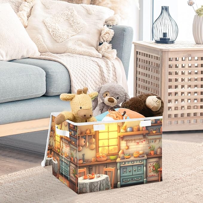 xigua Rustic Kitchen Pattern Storage Bins with Lids and Carrying Handle,Foldable Storage Boxes Organizer Containers Baskets Cube with Cover for Home Bedroom Closet Office - Image 5