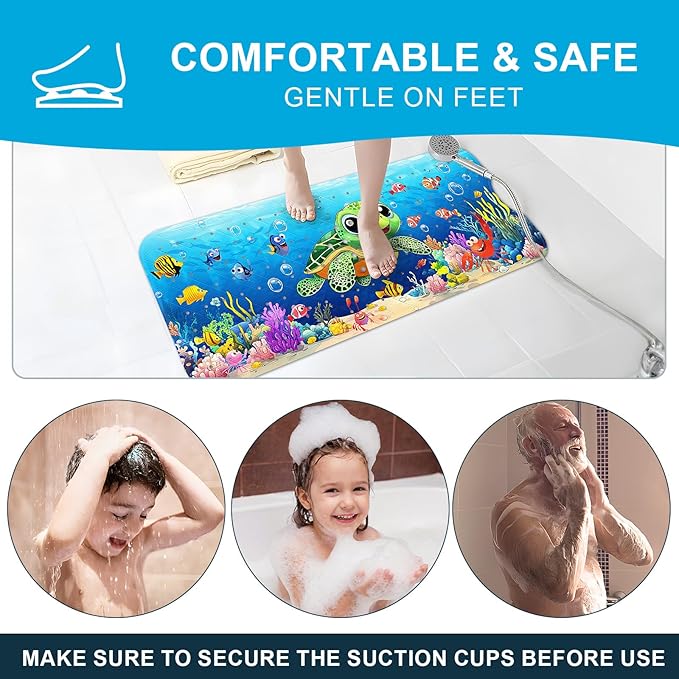 XIYUNTE Baby Bath Mat for Tub Non Slip Kids Bath Mat - 40''x16'' Extra Long Cartoon Turtle Baby Bath Tub Mat Eco-Friendly Toddler Bath Mats with Suction Cups & Drain Holes, Easy to Clean & Easy Drying - Image 7
